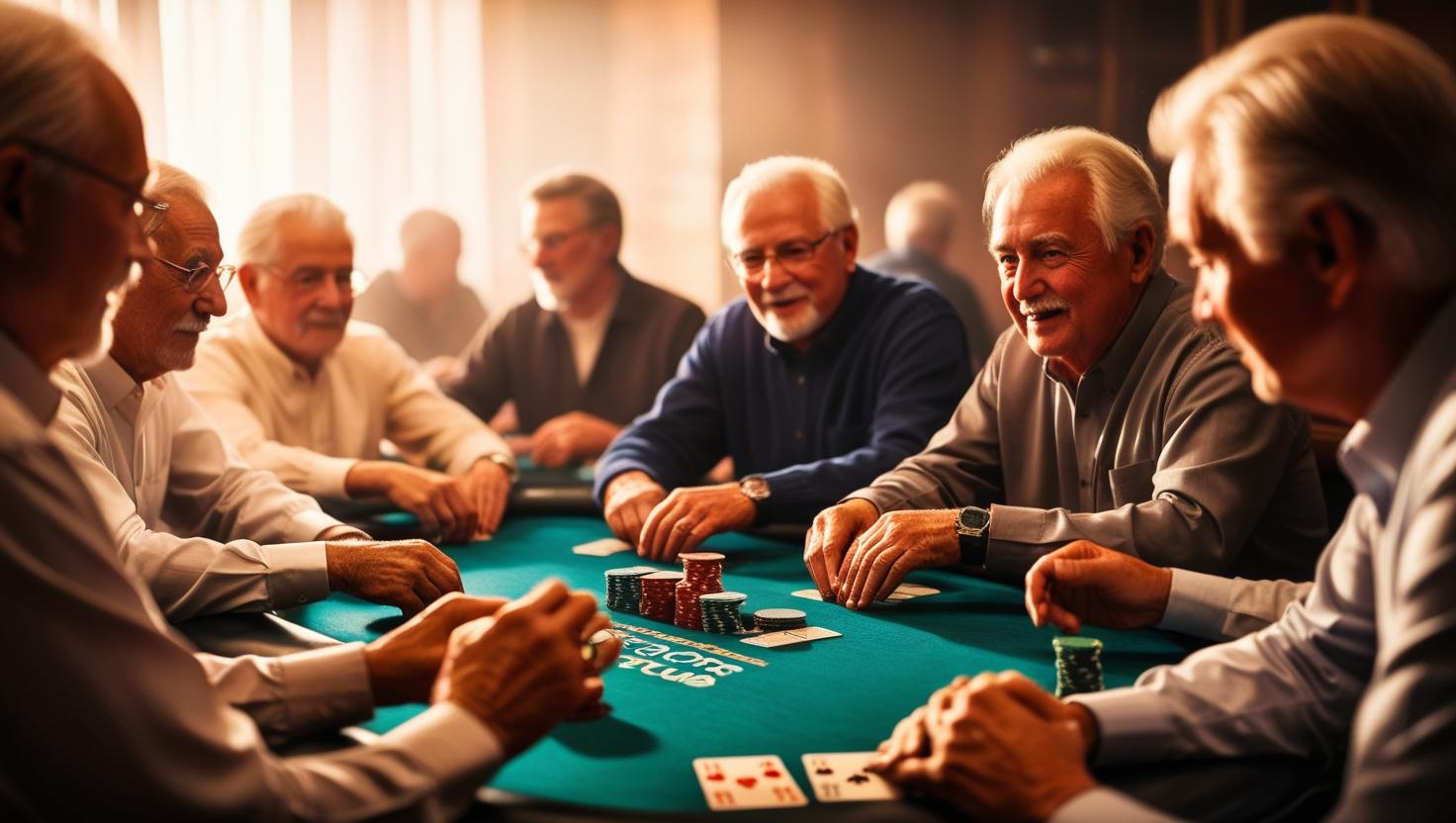 Senior adults playing poker together around a table with cards and chips